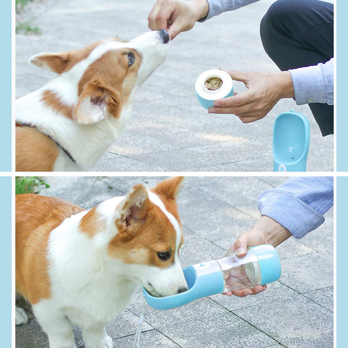 Portable Dog Water Bottle with Leak-Proof Dispenser, Integrated Bowl & Food Container - Dishwasher Safe, Food Grade Plastic for Outdoor Activities, Hiking, and Travel - Blue