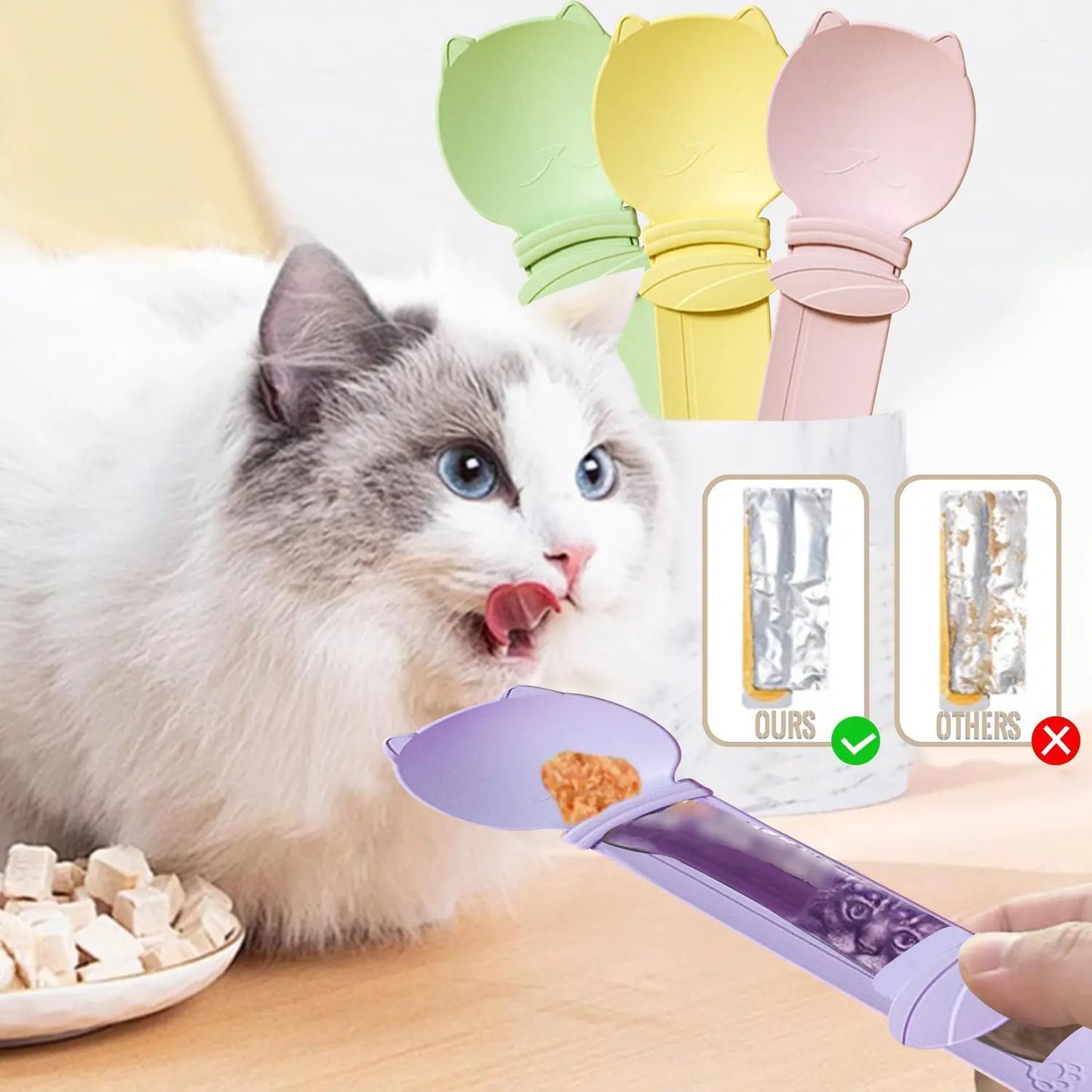 Cat Treat Spoon - 4 Count Multifunctional Dispenser for Wet Food, Licky Treats, and Puree Tubes with Extra Long Handle for Easy Feeding and Storage
