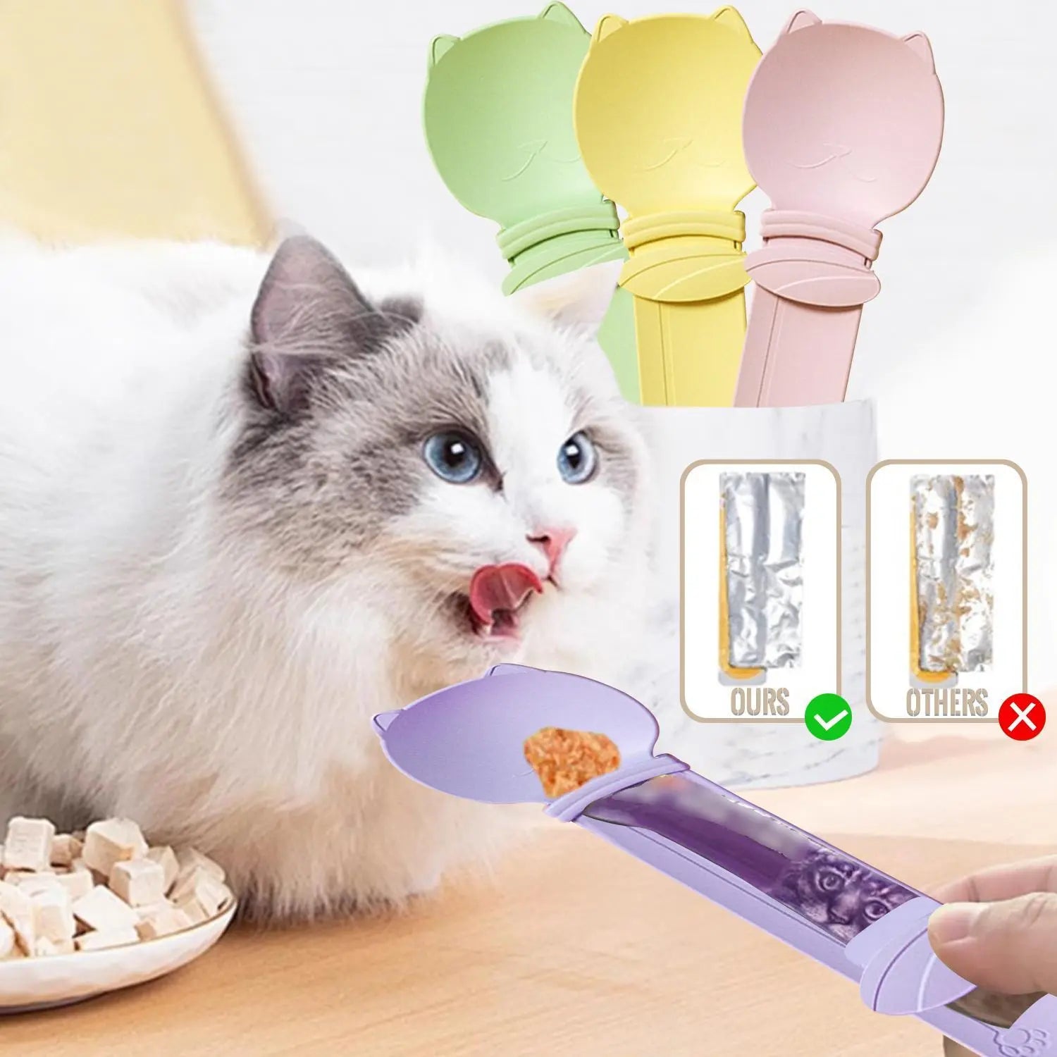 Cat Treat Spoon - 4 Count Multifunctional Dispenser for Wet Food, Licky Treats, and Puree Tubes with Extra Long Handle for Easy Feeding and Storage