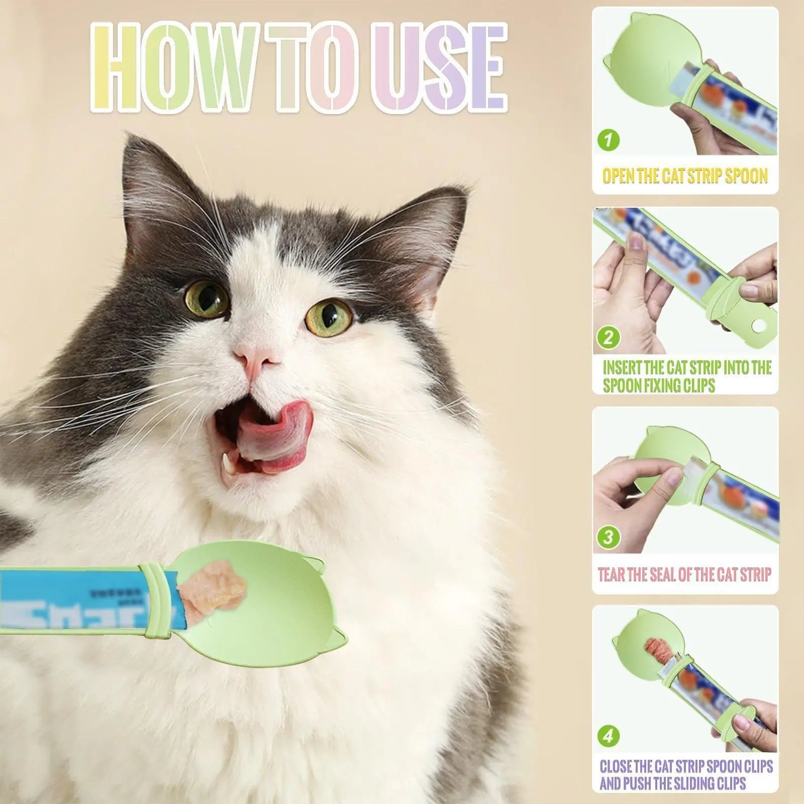 Cat Treat Spoon - 4 Count Multifunctional Dispenser for Wet Food, Licky Treats, and Puree Tubes with Extra Long Handle for Easy Feeding and Storage
