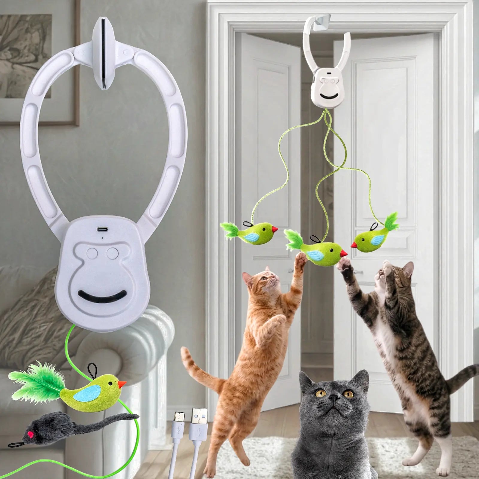 AIXINPET Rechargeable Electric Cat Teaser - Interactive Door-Mounted Toy with Adjustable String Length and Multiple Accessories for Indoor Play, Featuring Two Exciting Exercise Modes