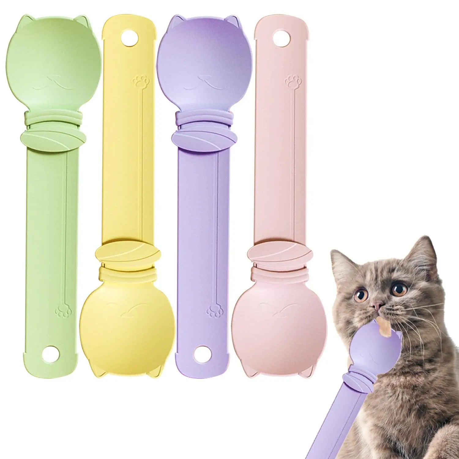 Cat Treat Spoon - 4 Count Multifunctional Dispenser for Wet Food, Licky Treats, and Puree Tubes with Extra Long Handle for Easy Feeding and Storage